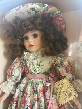 Porcelain Fashion Doll in Floral Cream and Pink Dress